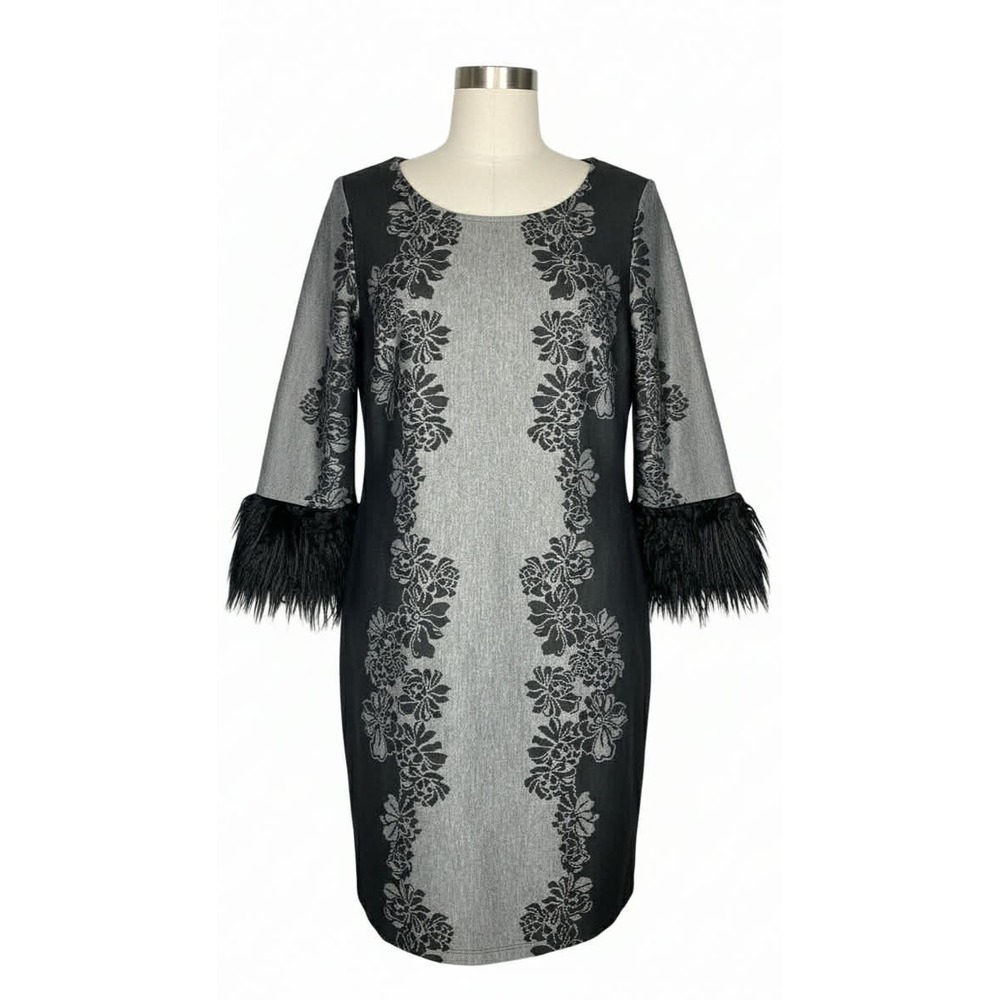 Valerie Stevens Women's Small Gray/Black Floral faux Fur Cuffs Midi Dress Formal